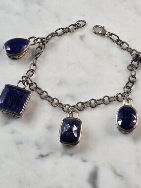 Womens Vintage Sterling Silver Modernist Sapphire Charm Bracelet 25.7g #E6669